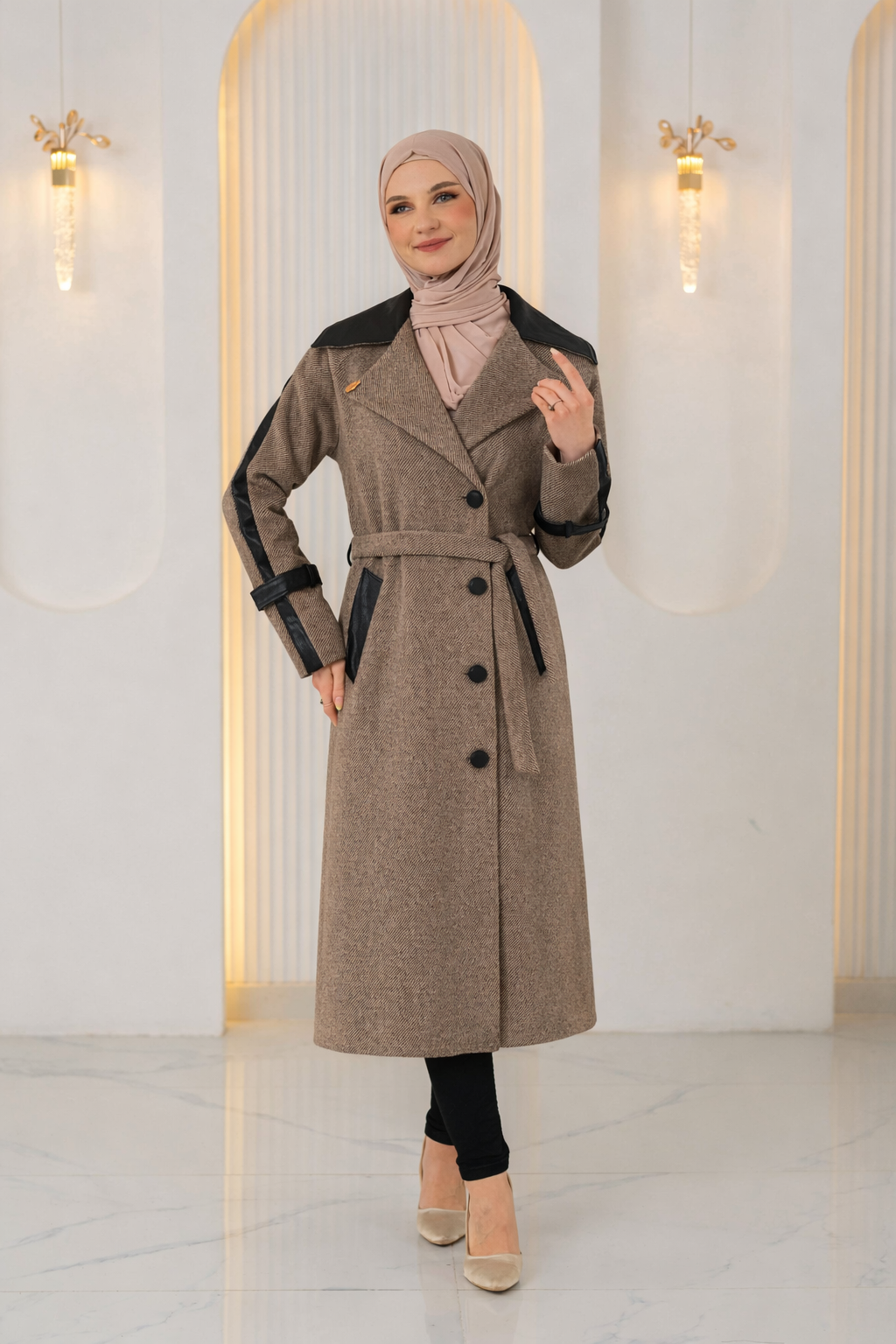 Trenchcoat aus texturiertem Stoff mit Leder-Details und Fellfutter 1394 - Mausgrau