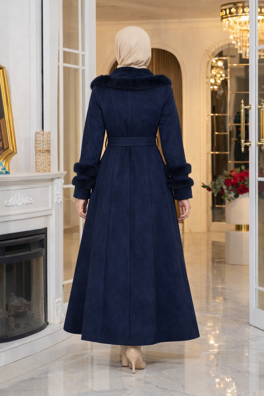 Langer Wintermantel in Wildleder-Optik mit Fellkragen 1390 - Dunkelblau