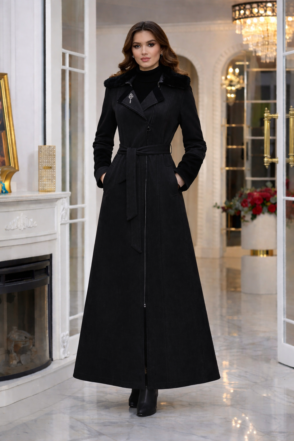 Langer Damen-Mantel aus Wildleder-Optik mit abnehmbarem Fellkragen 1396 - Schwarz