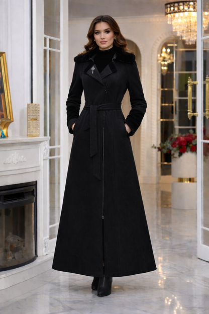 Langer Damen-Mantel aus Wildleder-Optik mit abnehmbarem Fellkragen 1396 - Schwarz