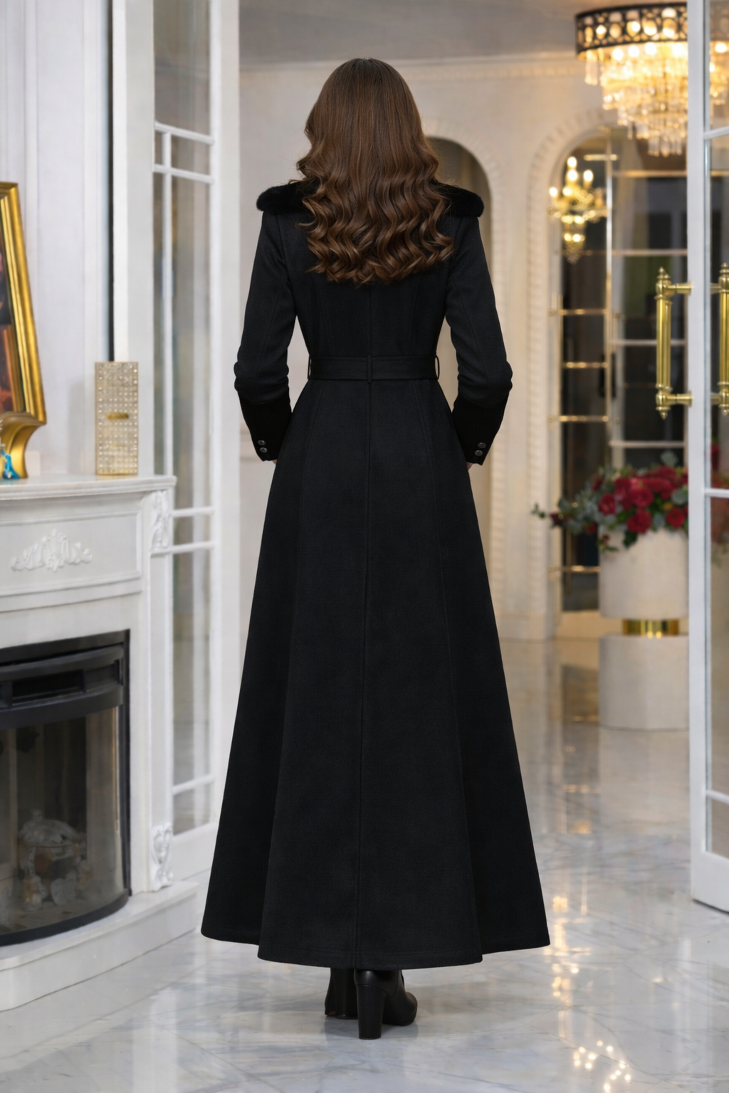 Langer Damen-Mantel aus Wildleder-Optik mit abnehmbarem Fellkragen 1396 - Schwarz