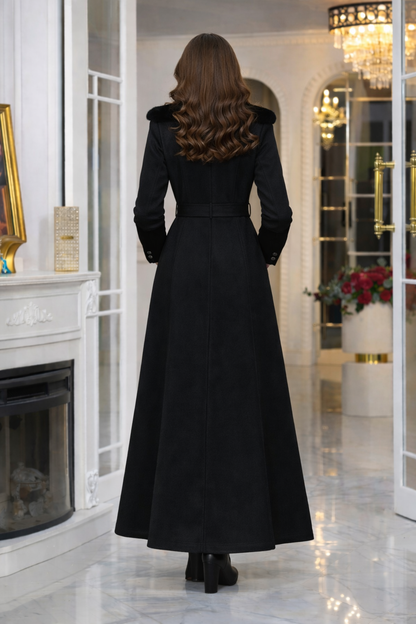 Langer Damen-Mantel aus Wildleder-Optik mit abnehmbarem Fellkragen 1396 - Schwarz