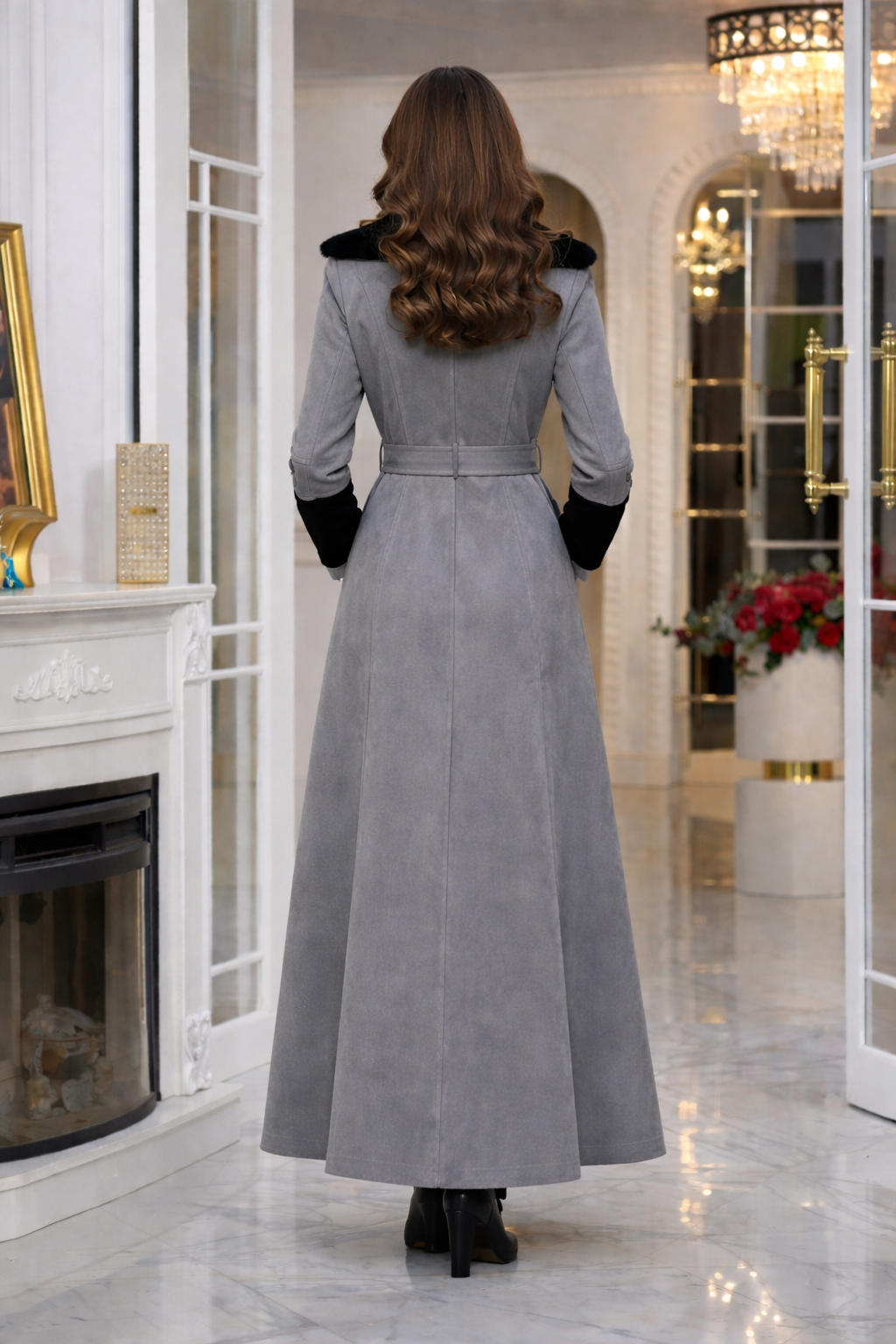 Langer Damen-Mantel aus Wildleder-Optik mit abnehmbarem Fellkragen 1396 - Grau