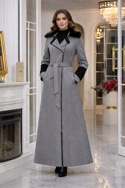 Langer Damen-Mantel aus Wildleder-Optik mit abnehmbarem Fellkragen 1396 - Grau