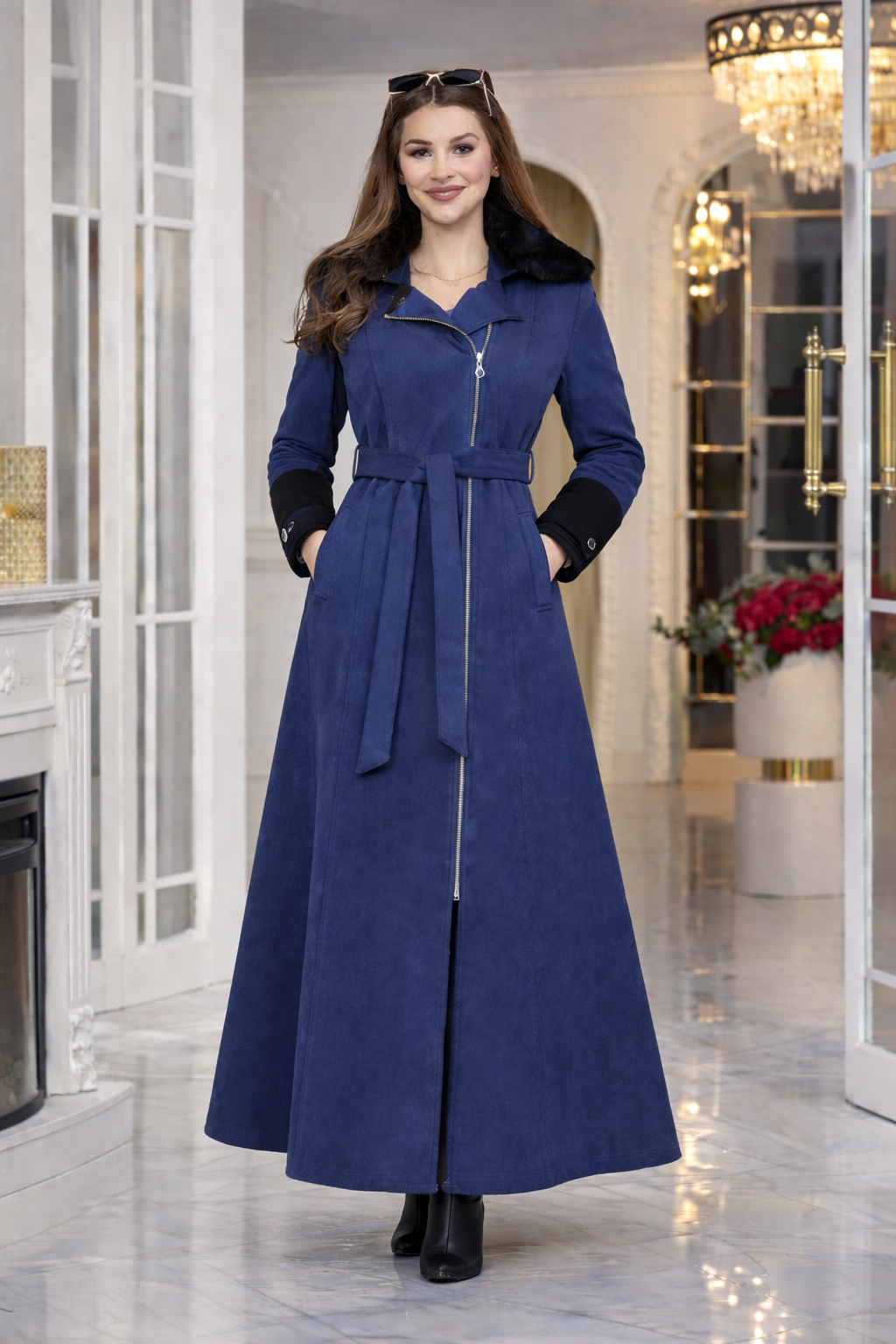 Langer Damen-Mantel aus Wildleder-Optik mit abnehmbarem Fellkragen 1396 - Dunkelblau