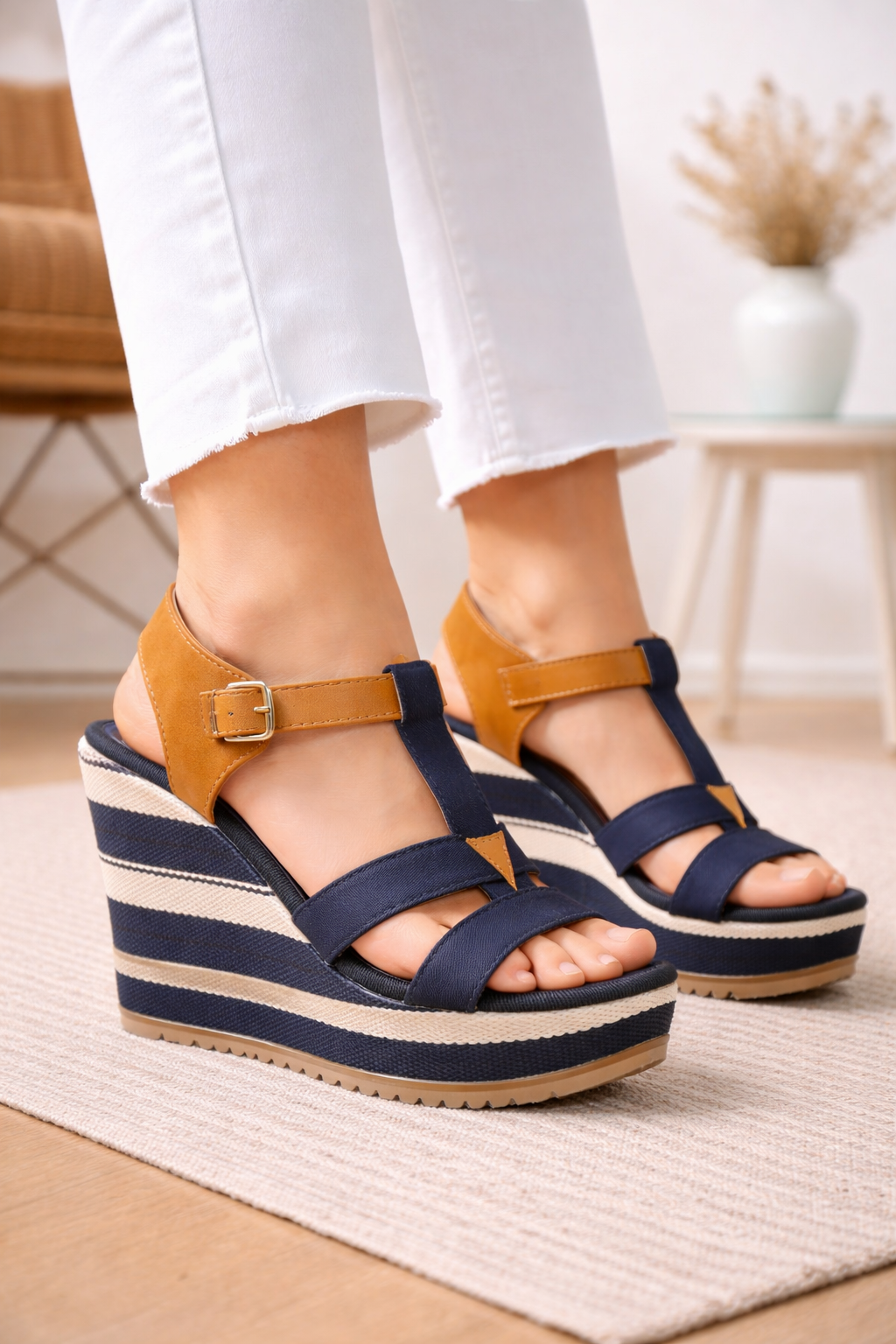 Keilsandaletten im Marine-Look mit T-Riemen (11 cm Absatz) 6315 - Dunkelblau