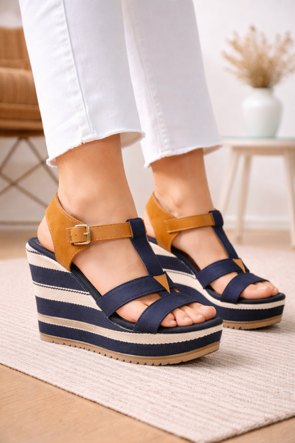 Keilsandaletten im Marine-Look mit T-Riemen (11 cm Absatz) 6315 - Dunkelblau