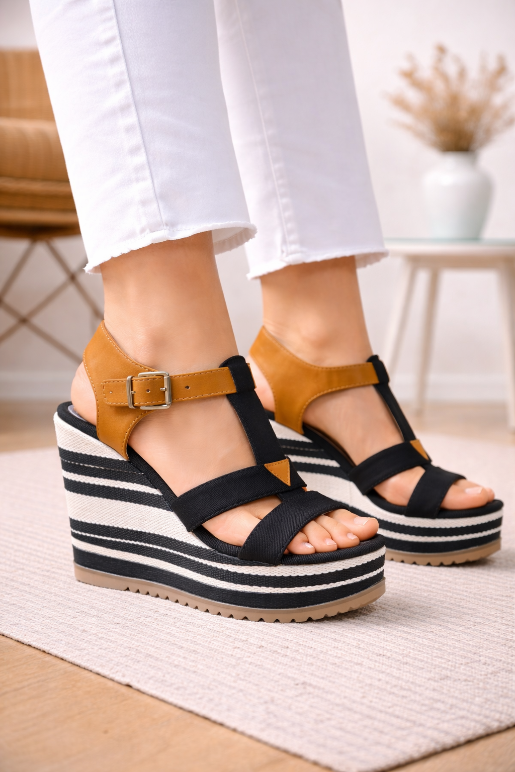 Keilsandaletten im Marine-Look mit T-Riemen (11 cm Absatz) 6315 - Schwarz