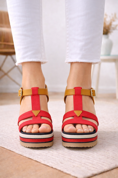 Keilsandaletten im Marine-Look mit T-Riemen (11 cm Absatz) 6315 - Rot