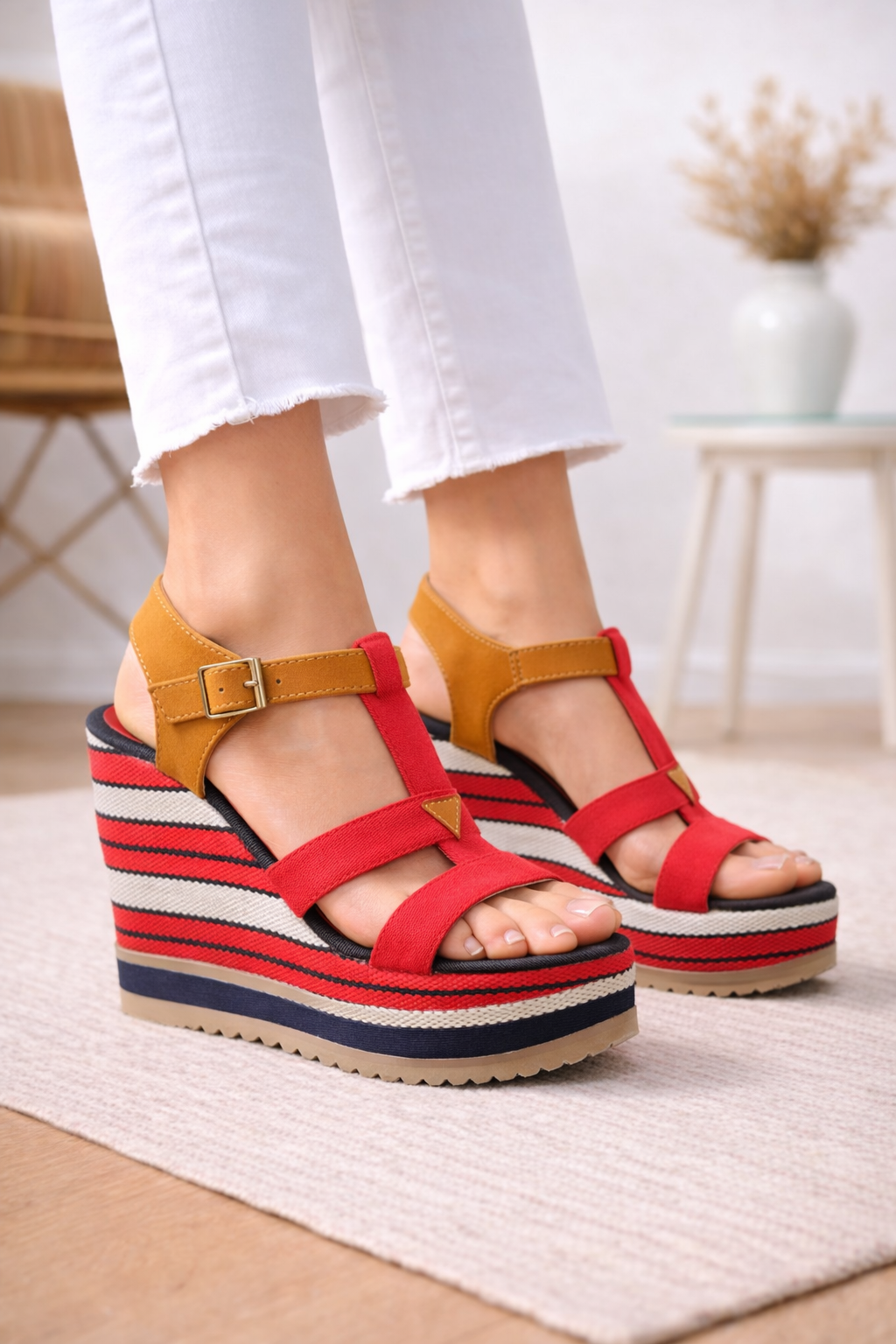 Keilsandaletten im Marine-Look mit T-Riemen (11 cm Absatz) 6315 - Rot