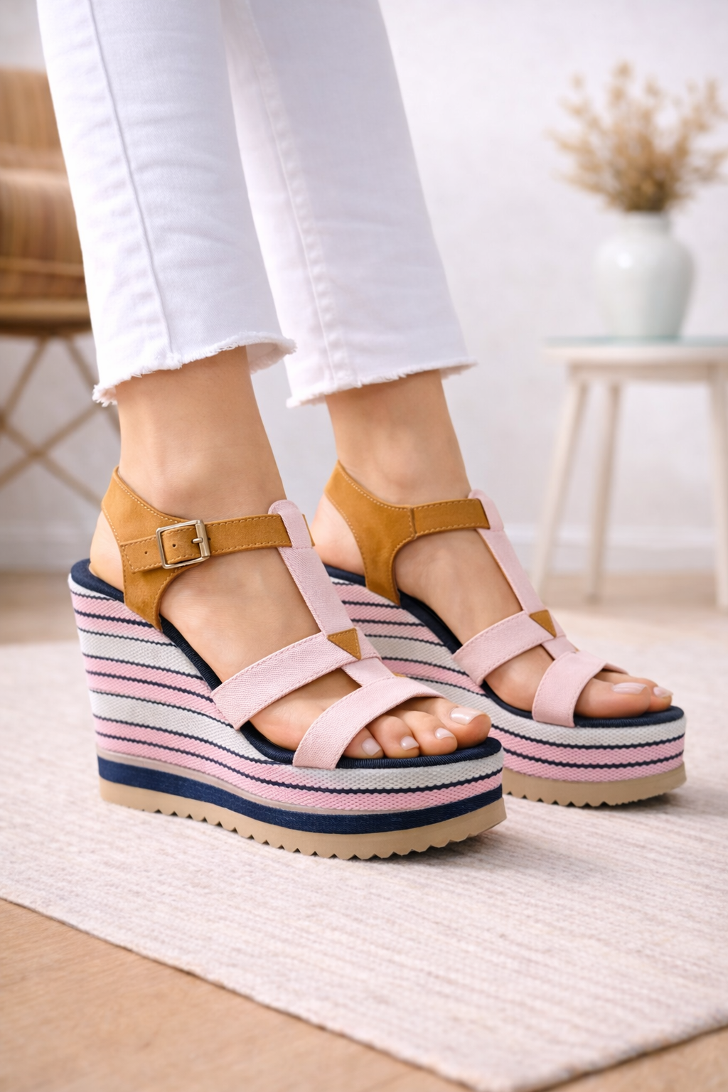 Keilsandaletten im Marine-Look mit T-Riemen (11 cm Absatz) 6315 - Rosa