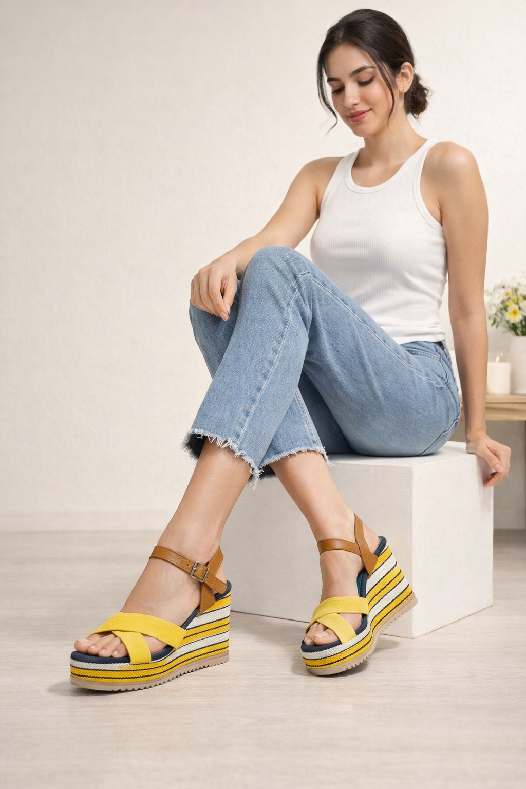 Keilsandaletten im Marine-Look mit T-Riemen (11 cm Absatz) 6315 - Gelb