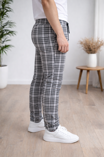 Herren Karierte Hose Slim Fit mit Kordelzug 2004 - Grau