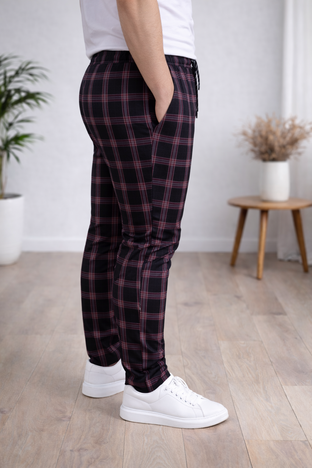 Herren Karierte Hose Slim Fit mit Kordelzug 2009 - Schwarz