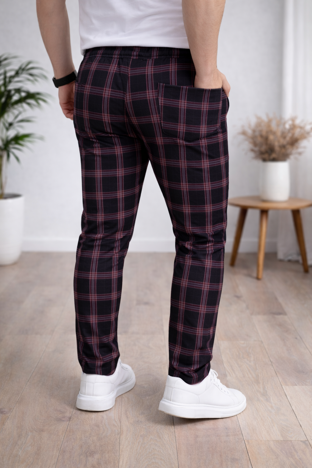 Herren Karierte Hose Slim Fit mit Kordelzug 2009 - Schwarz