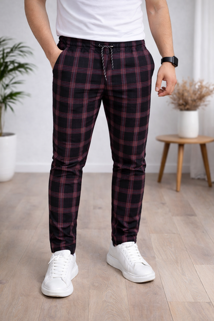 Herren Karierte Hose Slim Fit mit Kordelzug 2009 - Schwarz