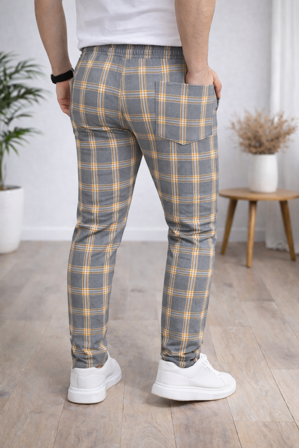 Herren Karierte Hose Slim Fit mit Kordelzug 2009 - Cognac