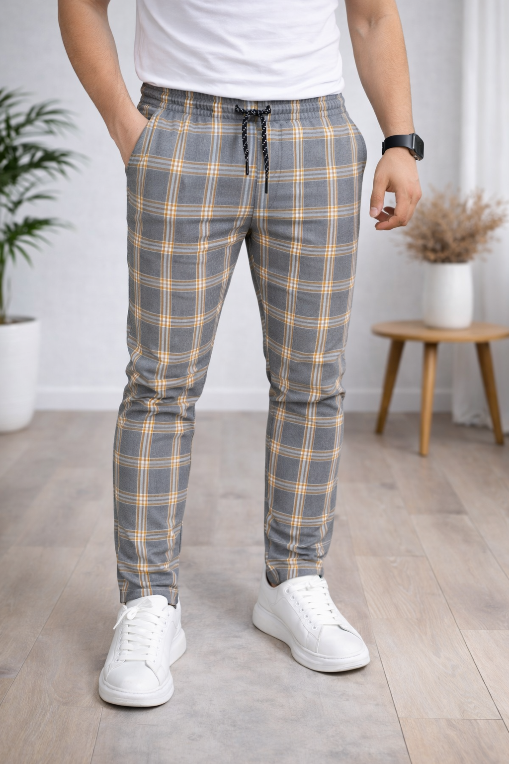 Herren Karierte Hose Slim Fit mit Kordelzug 2009 - Cognac