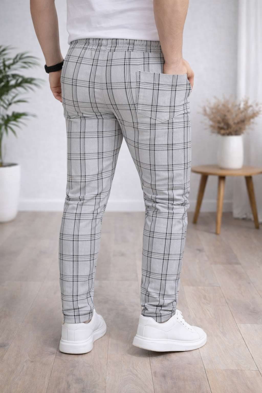 Herren Karierte Hose Slim Fit mit Kordelzug 2009 - Grau