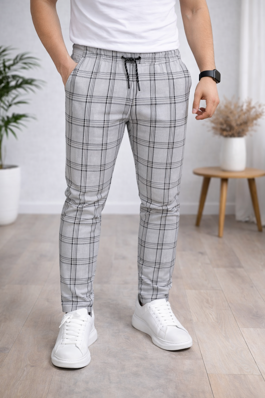 Herren Karierte Hose Slim Fit mit Kordelzug 2009 - Grau