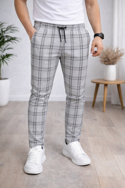 Herren Karierte Hose Slim Fit mit Kordelzug 2009 - Grau