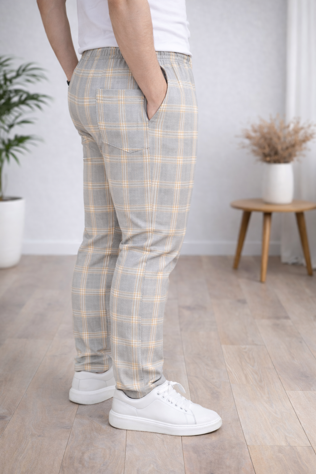 Herren Karierte Hose Slim Fit mit Kordelzug 2009 - Weiß