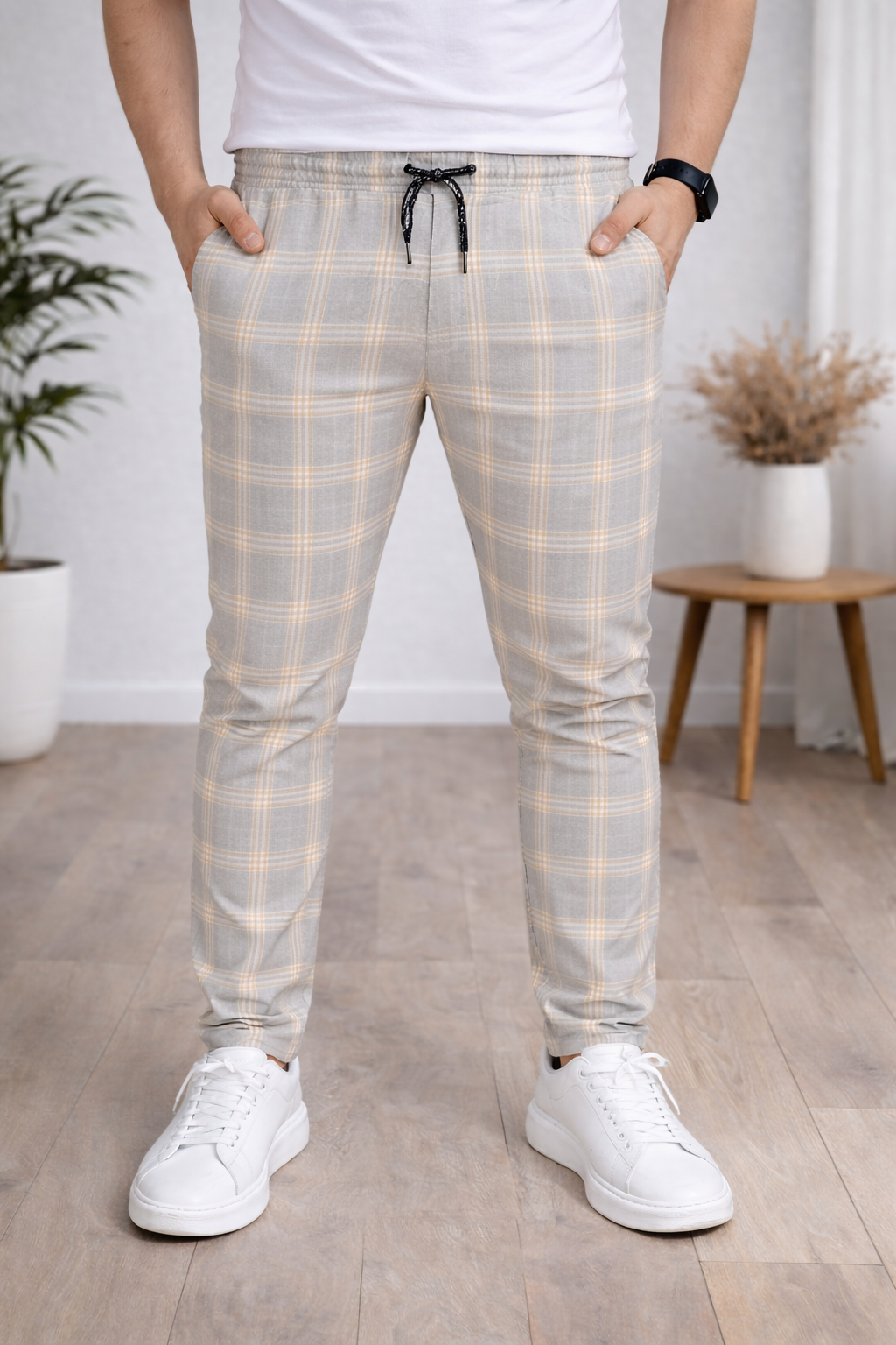 Herren Karierte Hose Slim Fit mit Kordelzug 2009 - Weiß