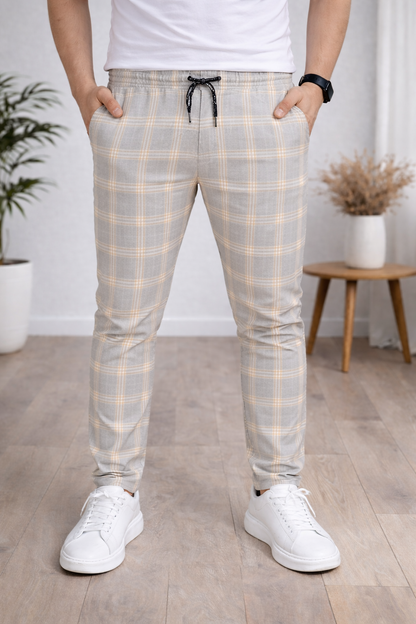Herren Karierte Hose Slim Fit mit Kordelzug 2009 - Weiß