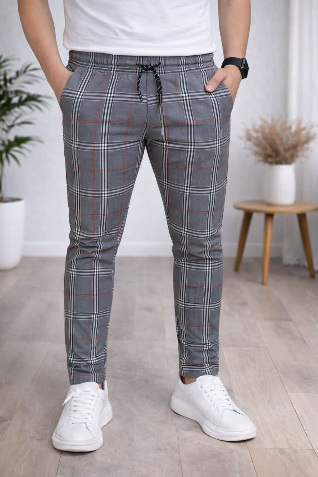 Herren Karierte Hose Slim Fit mit Kordelzug 2009 - Bordeaux