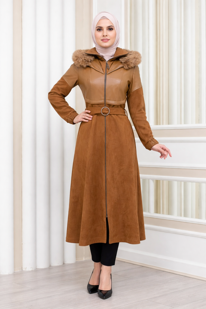 Damen Winter-Trenchcoat aus Wildleder und Leder 1351 - Mausgrau