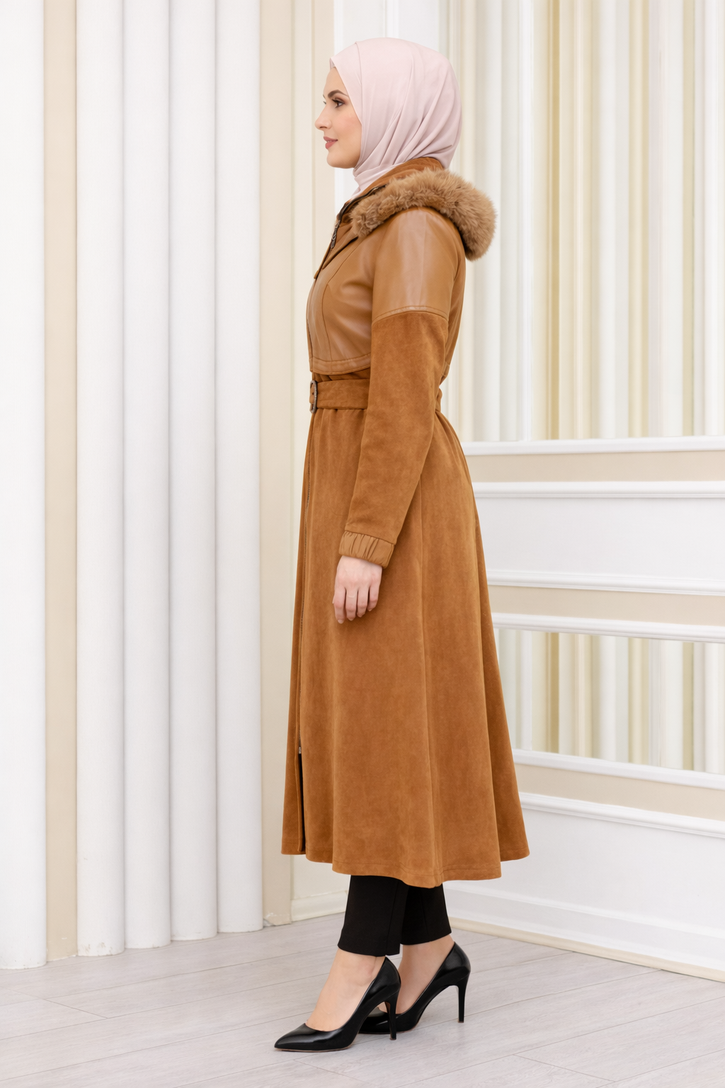 Damen Winter-Trenchcoat aus Wildleder und Leder 1351 - Mausgrau