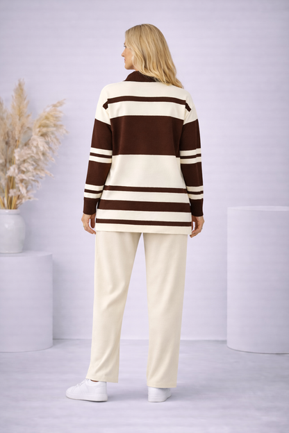 Gestreiftes Damen-Strickset mit Kragenreißverschluss 4202 - Ecru