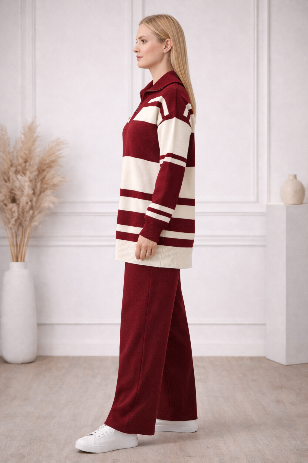 Modernes zweiteiliges Damen-Strickset gestreift mit Reißverschluss 4209 - Bordeaux