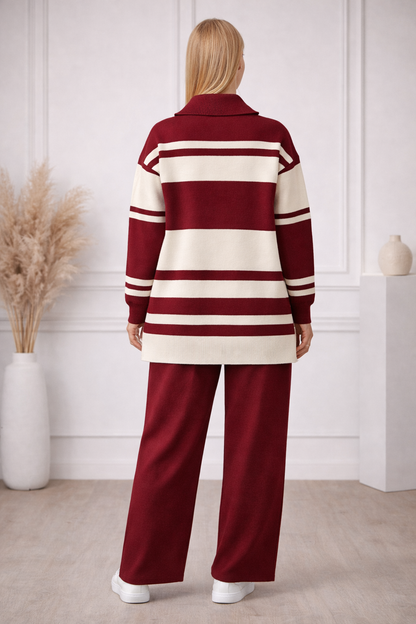 Modernes zweiteiliges Damen-Strickset gestreift mit Reißverschluss 4209 - Bordeaux