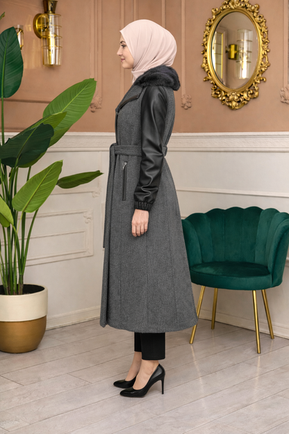 Mohair-Filz Mantel mit Lederärmeln und Fellkapuze 1364 - Anthrazit