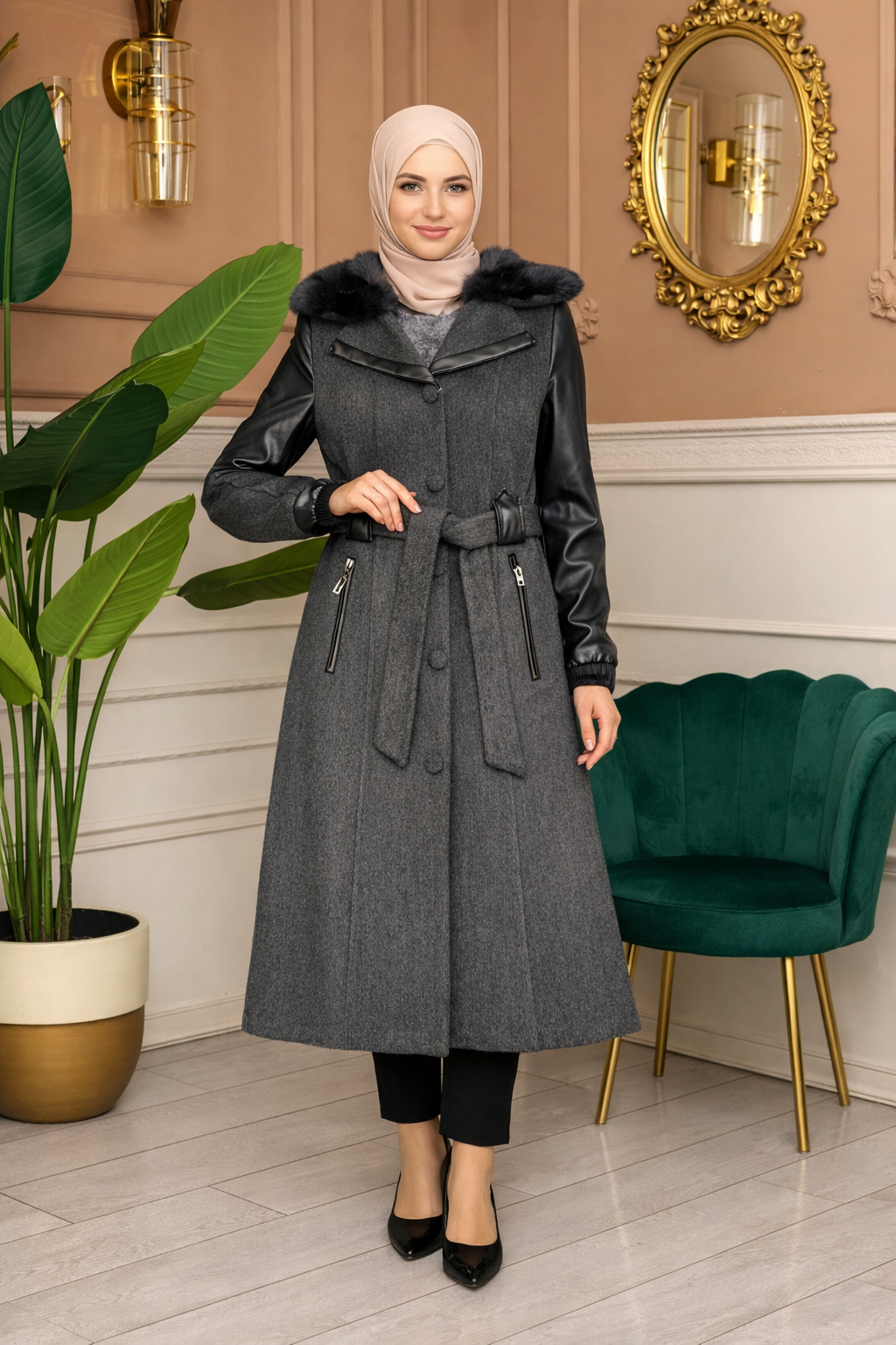 Mohair-Filz Mantel mit Lederärmeln und Fellkapuze 1364 - Anthrazit