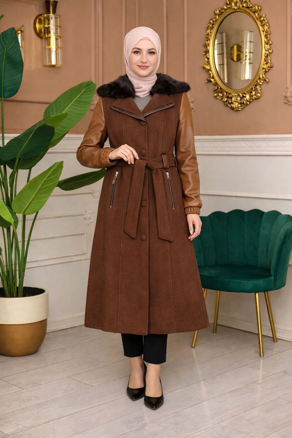 Mohair-Filz Mantel mit Lederärmeln und Fellkapuze 1364 - Braun