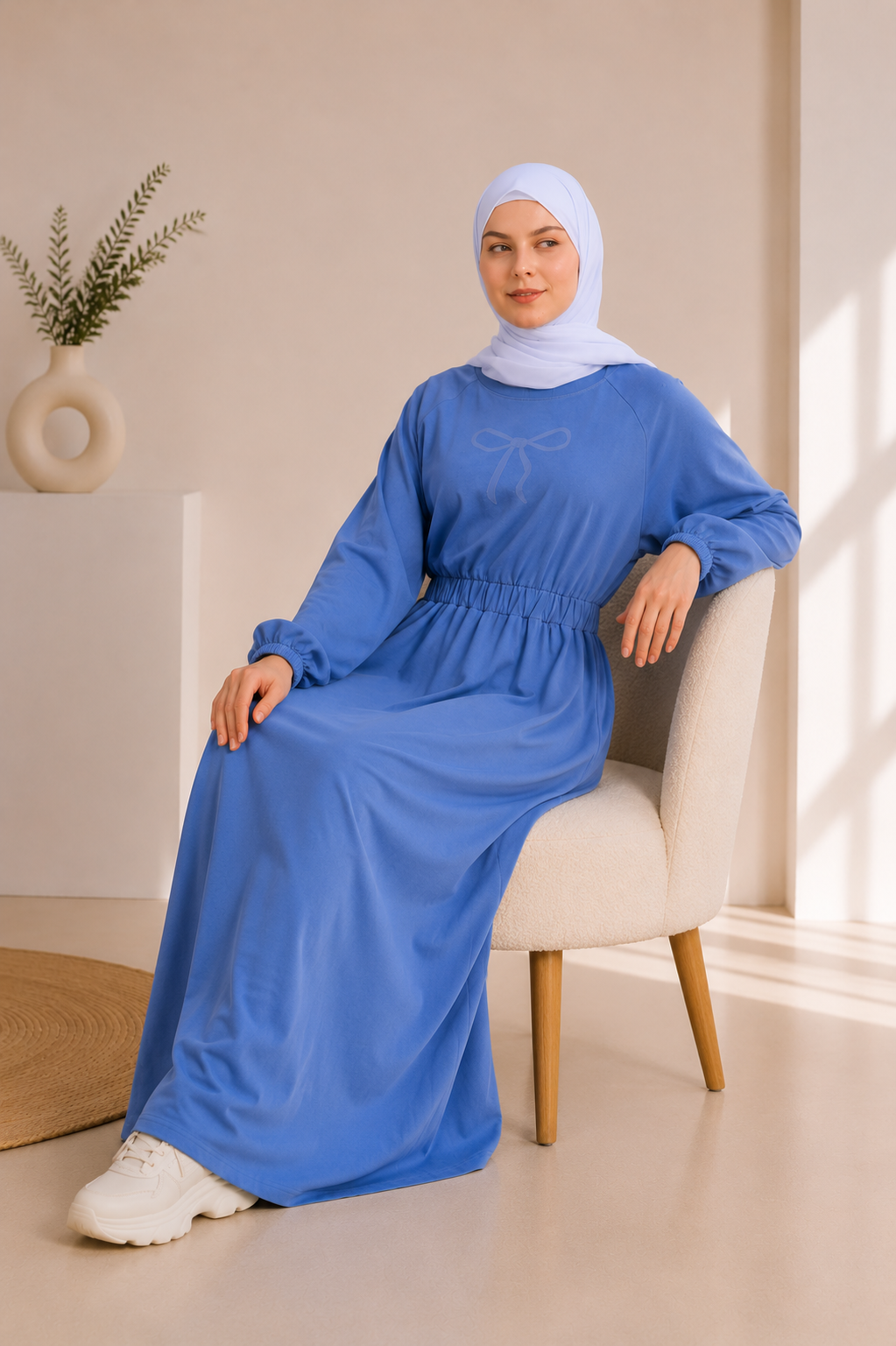 4069  فستان قطن ببيونة - Jeansfarbe