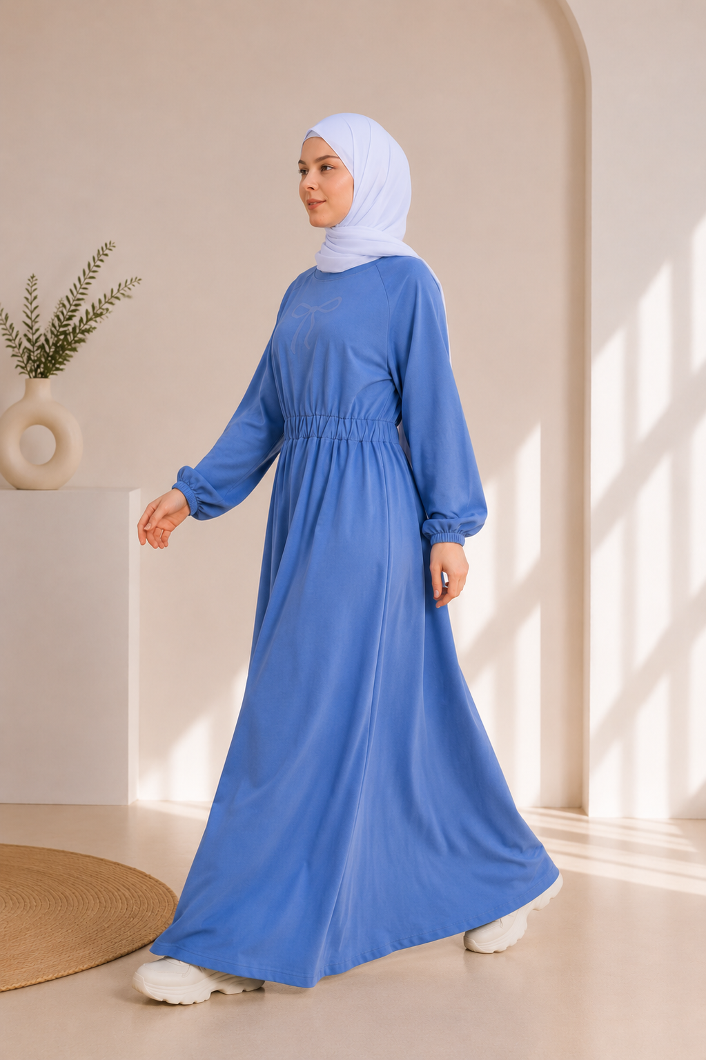 4069  فستان قطن ببيونة - Jeansfarbe