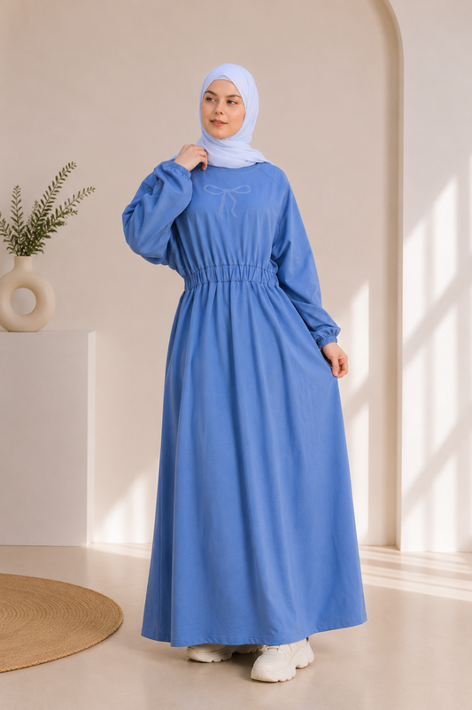 4069  فستان قطن ببيونة - Jeansfarbe