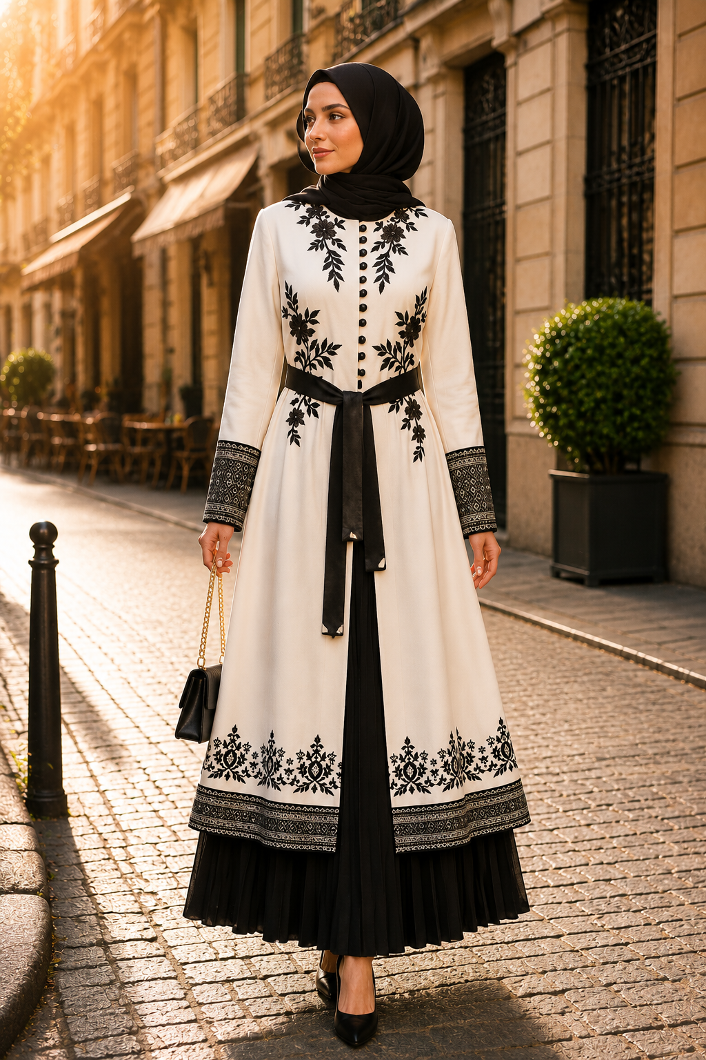 Luxuriöser zweiteiliger Kaftan mit Plissee 4127 - Schwarz