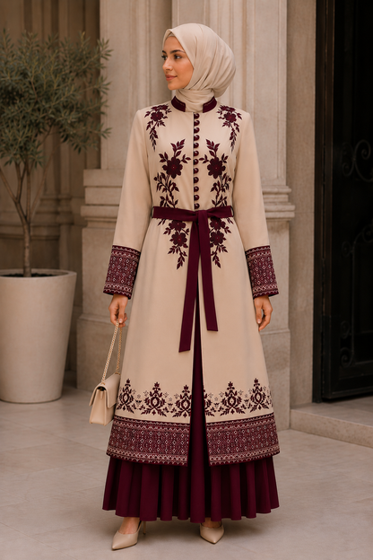 Luxuriöser zweiteiliger Kaftan mit Plissee 4127 - Bordeaux