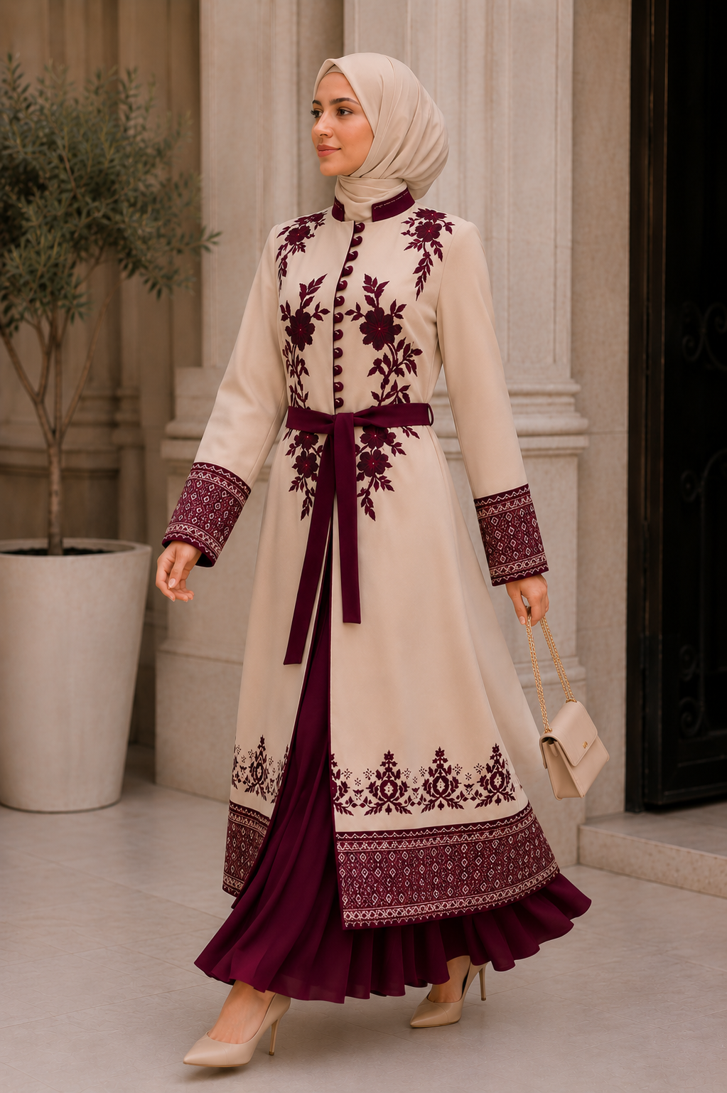 Luxuriöser zweiteiliger Kaftan mit Plissee 4127 - Bordeaux