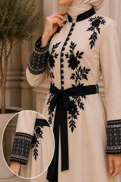Luxuriöser zweiteiliger Kaftan mit Plissee 4127 - Beige