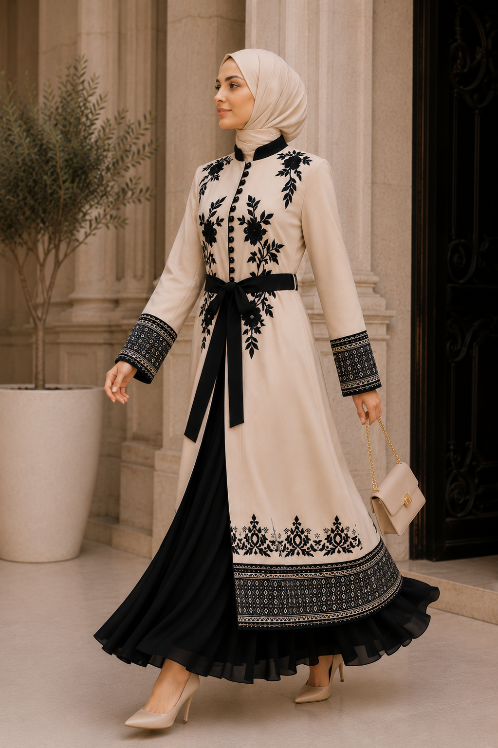 Luxuriöser zweiteiliger Kaftan mit Plissee 4127 - Beige