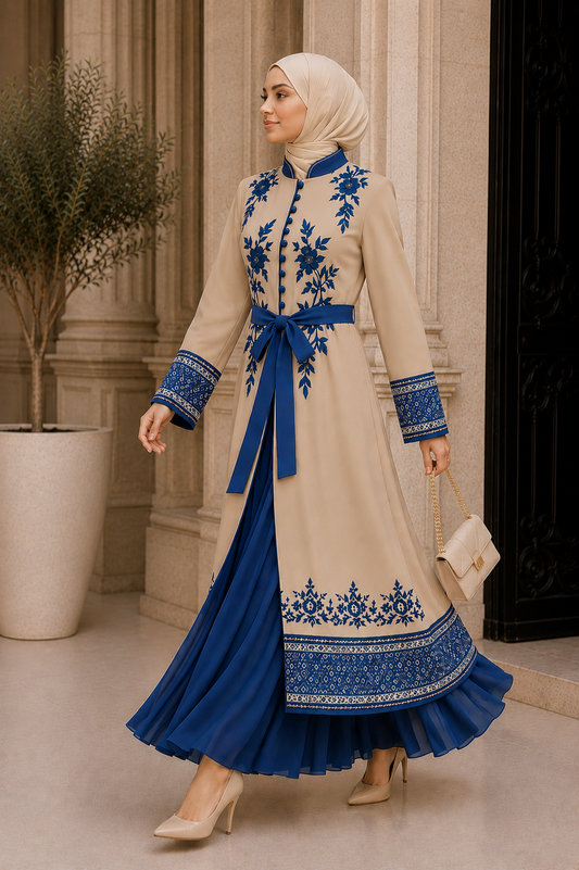 Luxuriöser zweiteiliger Kaftan mit Plissee 4127 - Babyblau