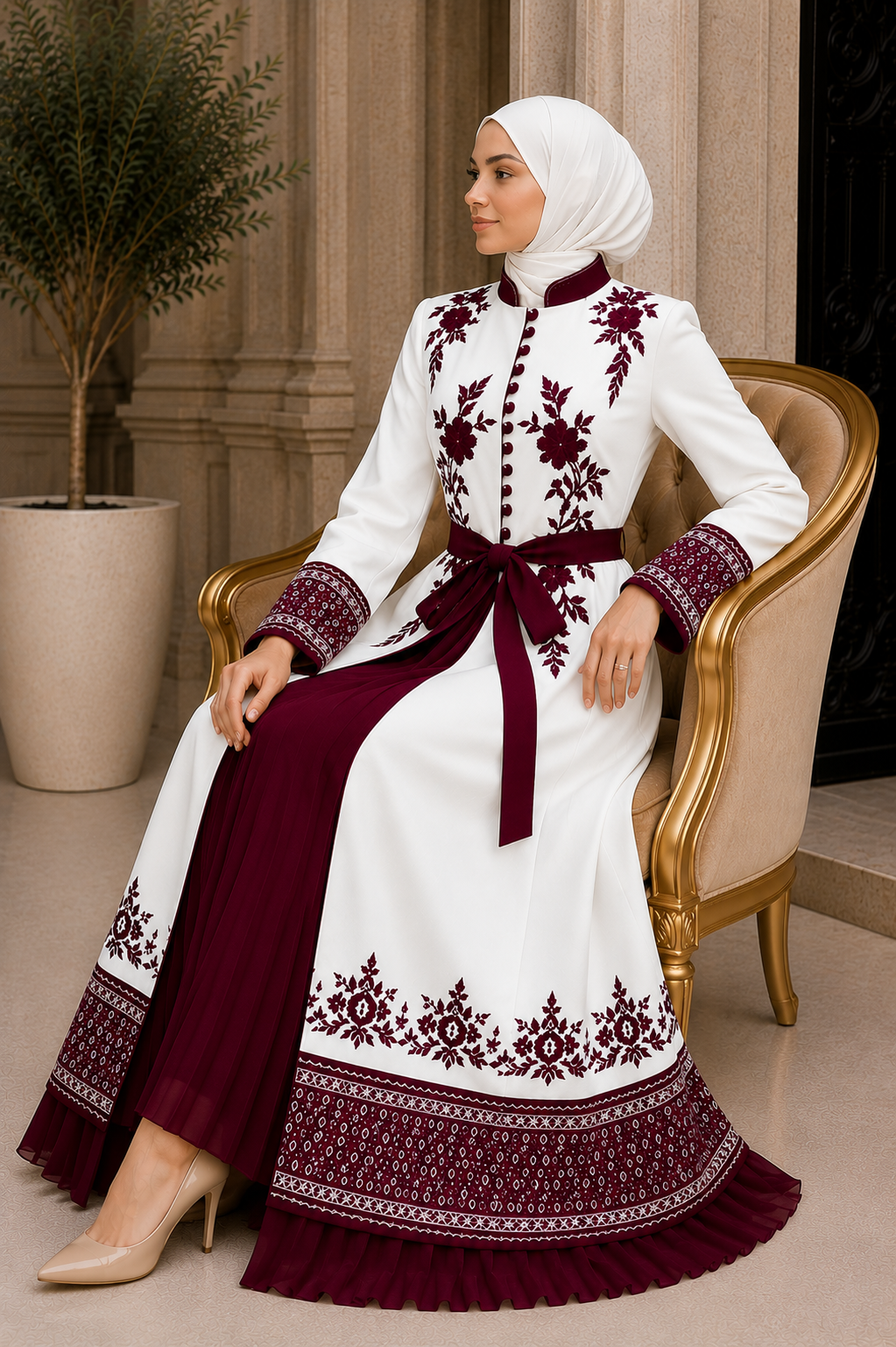 Luxuriöser zweiteiliger Kaftan mit Plissee 4127 - Rot