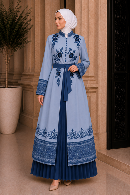 Luxuriöser zweiteiliger Kaftan mit Plissee 4127 - Blau