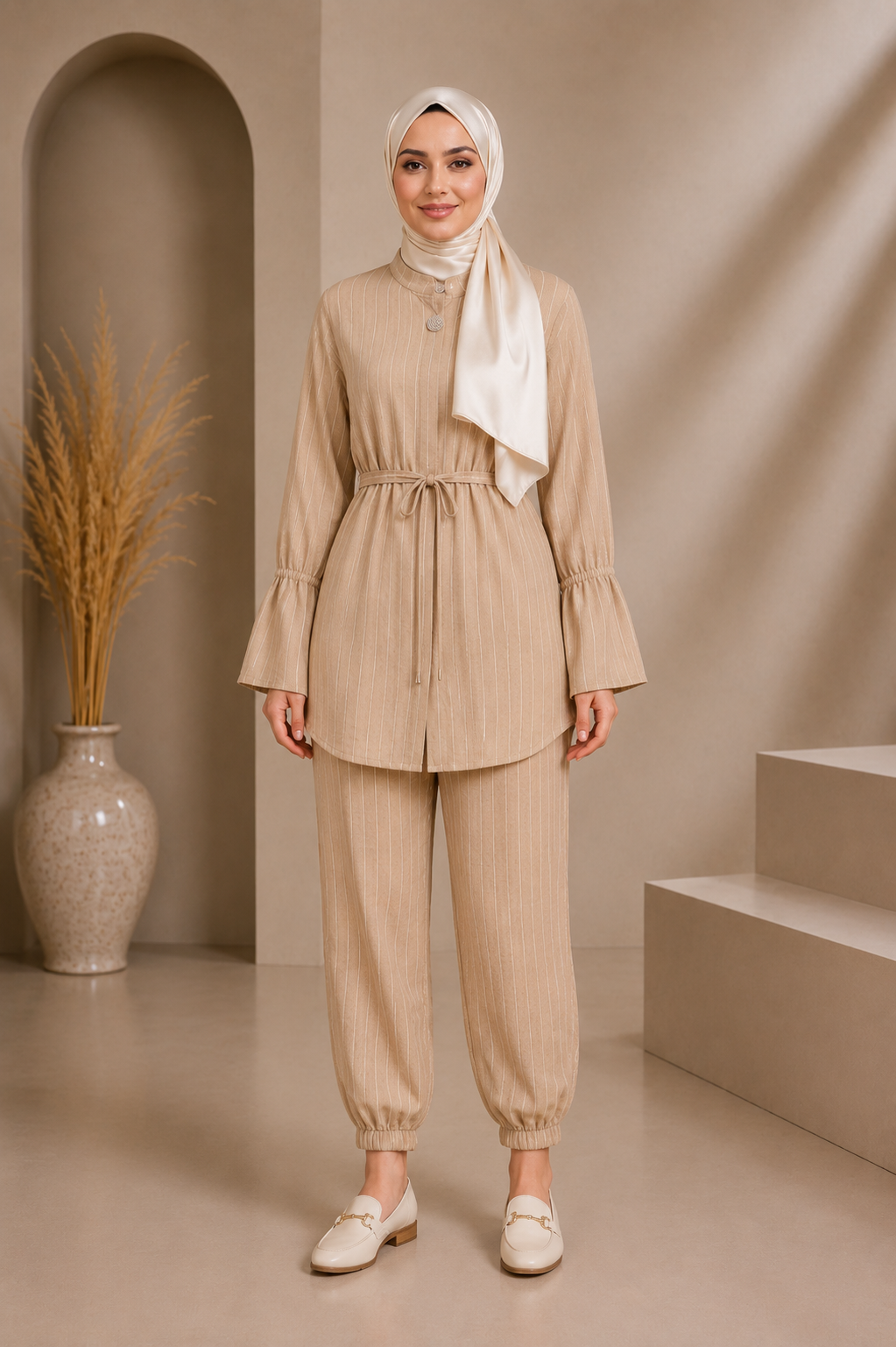 4303 كتان مخطط قصير - Beige