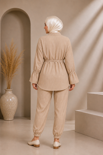 4303 كتان مخطط قصير - Beige